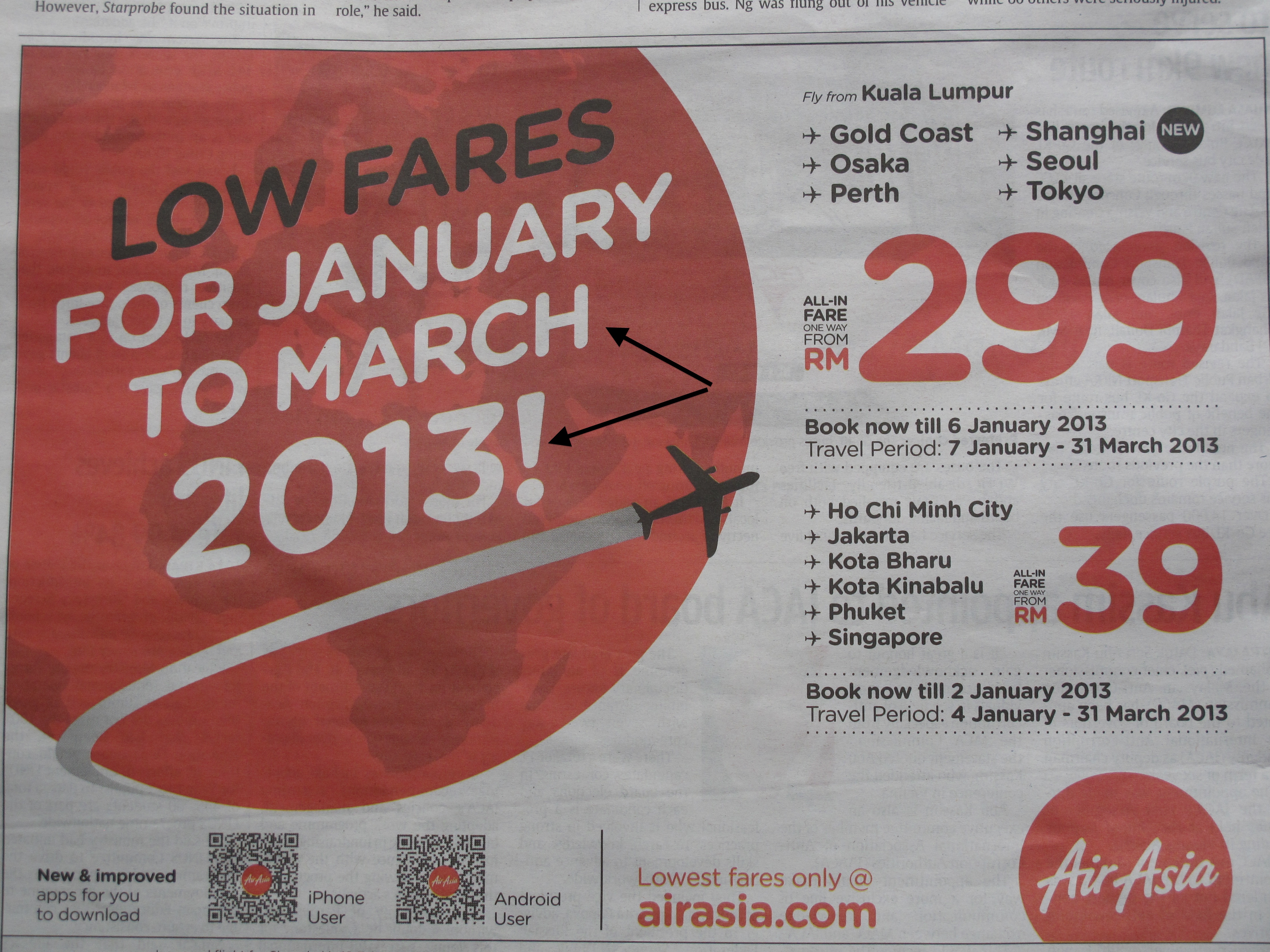AirAsia advertisement on 17-12-2012 in The Star fro the period from 7 January to 31 March 2013. Indicated by arrow sign.